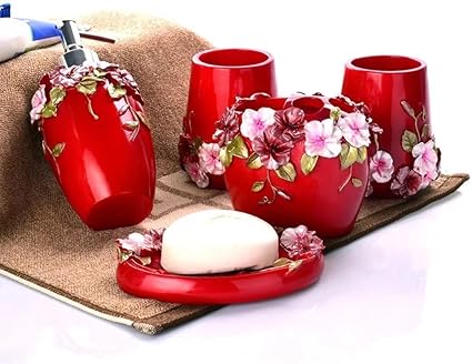 Amazon サニタリー5点セット ディスペンサー 歯ブラシスタンド 石鹸置き カップ バスチェア 洗面器 バスルームセット バス用品セット 現代 モダン おしゃれ 結婚祝い 引っ越し祝い 新築祝い ヨーロッパ 田園 赤 レッド Ebodong Ebodong 歯ブラシスタンド