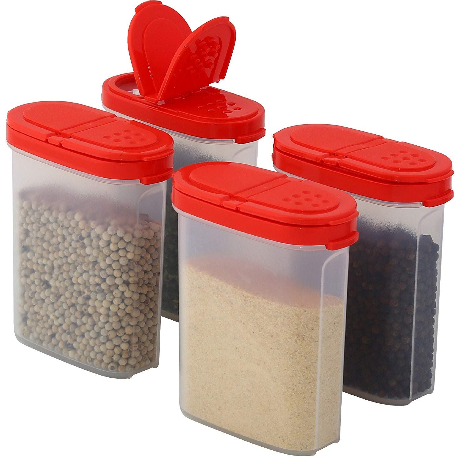 Plastic Spice Containers – Spice Jar Set of 4 Large Spice Jars to Store Spices, Herbs, Marinade, Sugar, Salt, Pepper – Refillable Airtight Small Spice Jars with 2 Way Lids