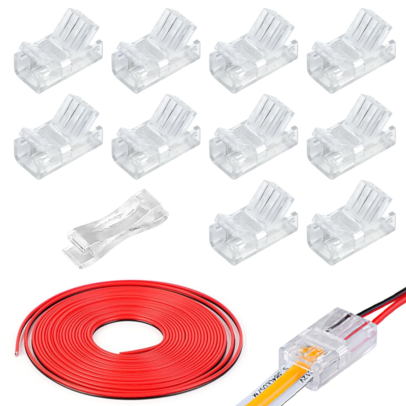 10 PCS 2 Pin 10mm COB LED Connectors with 16.4ft Extension Cable 22 AWG Stable Connection Wire Connectors Adapter for Waterproof LED Strip Lights Quick Connection