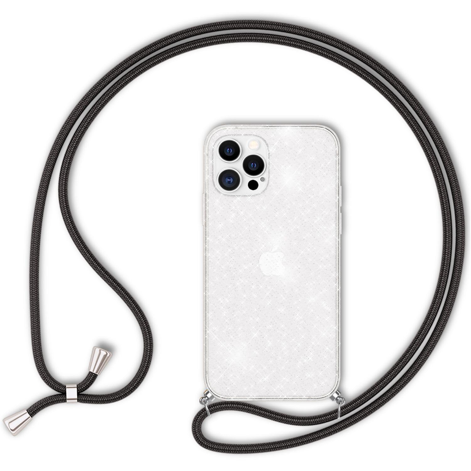 NALIA Phone Chain with Neon Glitter Case for iPhone 12 Pro Max - Transparent & Sparkling - HANGIT SPARK (Clear Silicone Crossbody Cover) - German Brand, Color:Transparent Glitter