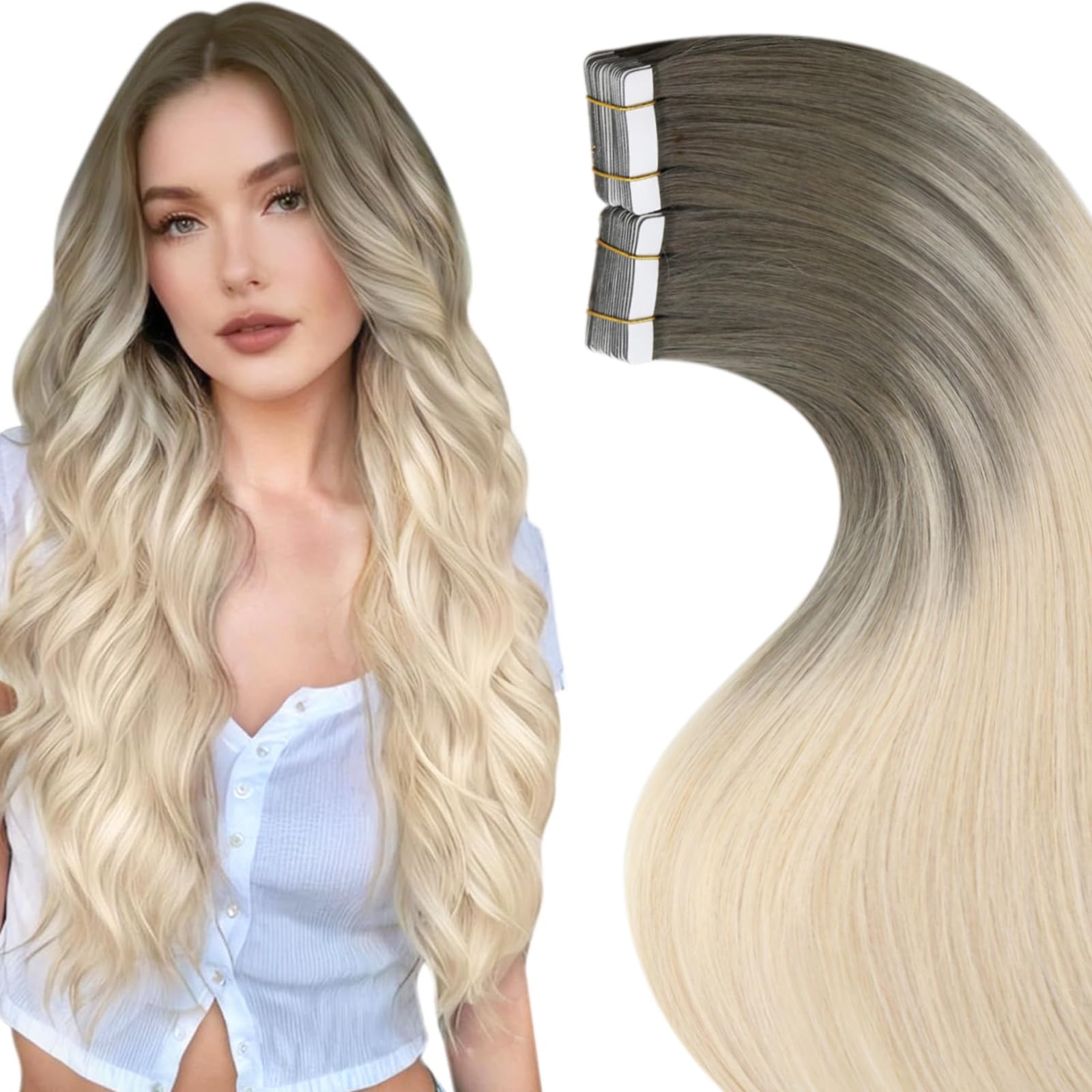 LaaVoo Tape in Hair Extensions Human Hair Blonde Tape Hair Extensions Real Human Hair Invisible Tapes Remy Straight Balayage Brown to Light Blonde Hair Double Sided Tabs 20pcs 50g 20 Inch #8/59