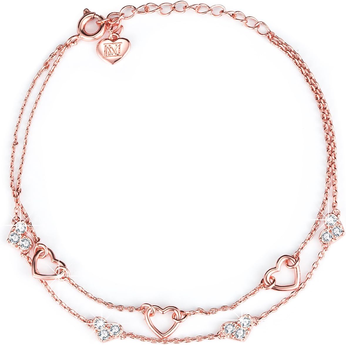 NINAMAID Love Heart Woman Jewelry Silver Infinity Adjustable Bracelet Rose Gold Plated Chain Anklets Gifts for Women Girl