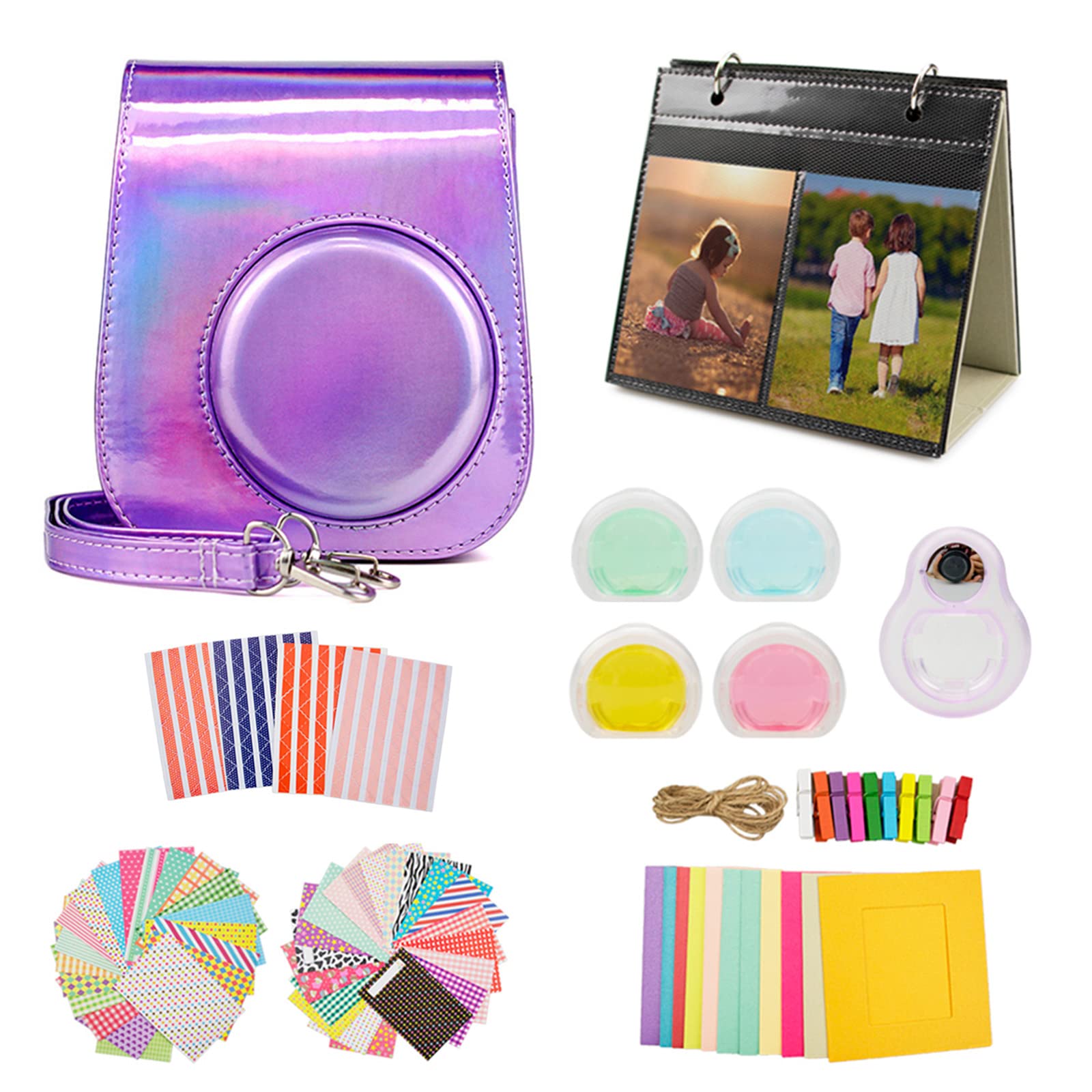 MUZIRI KINOKOO Fuji mini 11 Case, mini 11 Accessories Kit for Fuji mini 11 Protective Case with 8 Useful Accessories Camera Bag Kit, 4 Colors Filter Lens and Selfie Lens - Purple
