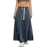 yoeasy Women's Drawstring Elastic High Waist Denim Skirt Casual Flowy Swing A-Line Long Maxi Flare Denim Skirt