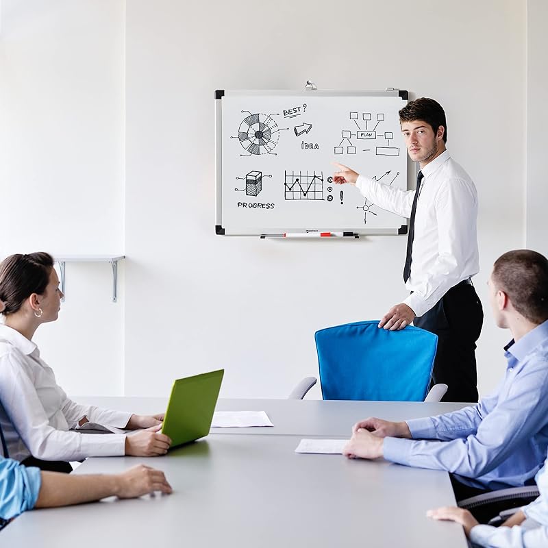 Tableau Blanc Magnétique Avec Cadre en Aluminium, Porte-Stylos, 6 Aimants, 1 Gomme et 2 Marqueurs Pour une Utilisation au Bureau et à la Maison, Mural, Effaçable à Sec, 60 x 45cm