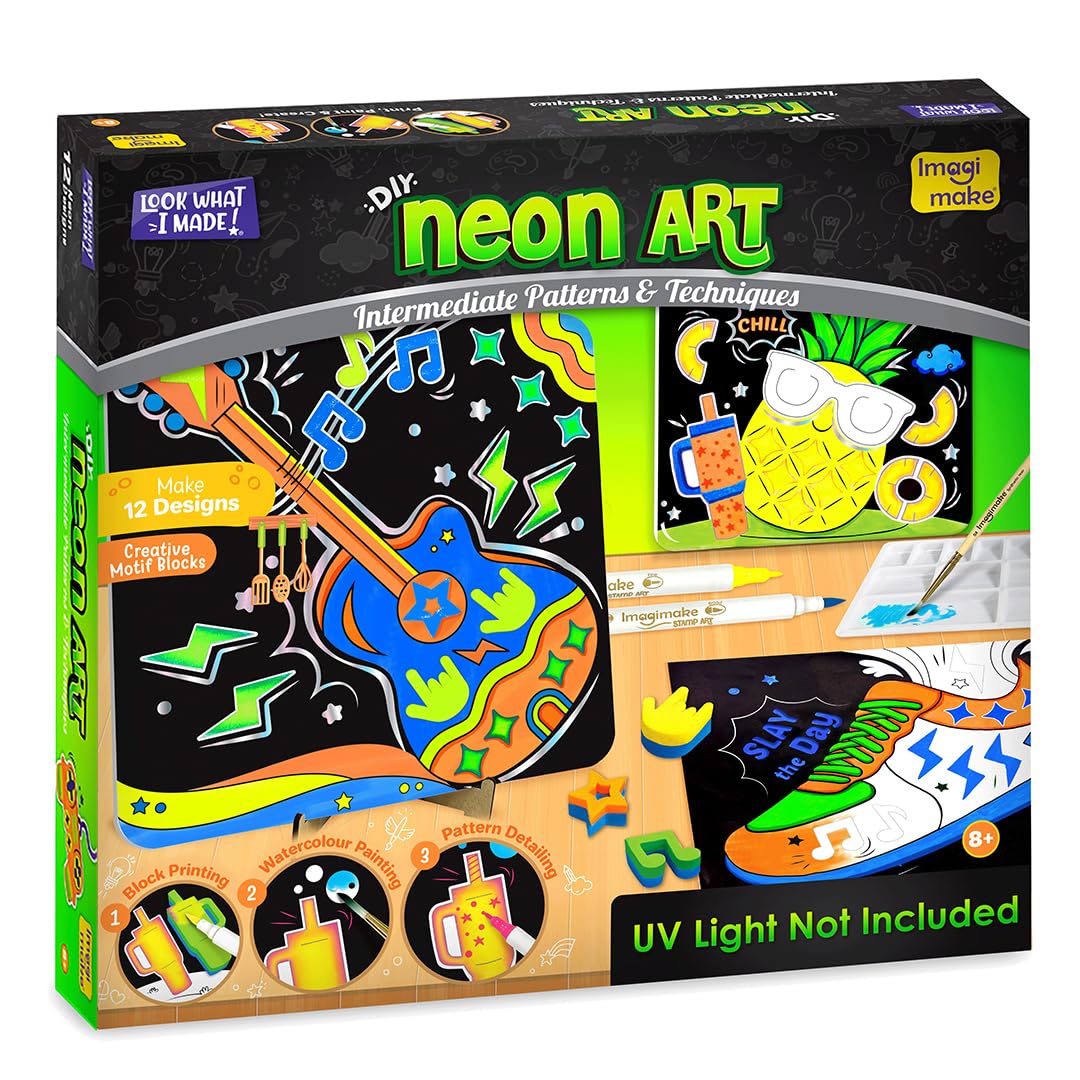 Imagimake DIY Neon Art Kit | 12 Exciting Neon Art Projects | Stamps, Water Brush Pens & Kids Painting Set | Art Set for Kids 9-12 | Easter Gifts for Boys & Girls 8,9,10,11,12 Years Old — image 1