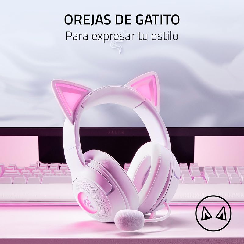 Kraken Kitty V2 - Auriculares RGB con Cable y Kitty Ears para Juegos y Streaming (325 g, transductores Triforce de 40 mm, micrófono cardioide HyperClear, Sonido Envolvente) Blanco