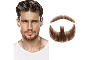 Krfapt Realistic Fake Goatee Beard & Mustache for Men Women - 100% Human Hair Lace Front Beard, Halloween Costume Mustache, Cosplay, Theater, Historical Reenactment (Full Set-Brown)