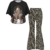 SOLY HUX Girl's Summer Outfits 2 Piece Set Short Sleeve Graphic Tshirt and Flared Pants Y2k Streetwear