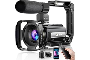 FJFJOPK Video Camera, 5K Camcorder UHD 48MP WiFi Vlogging Camera for YouTube IR Night Vision Anti-Shake 16X Digital Zoom 3” Touch Screen Camera with Microphone,Handheld Stabilizer,Lens Hood,Remote,2 Batteries