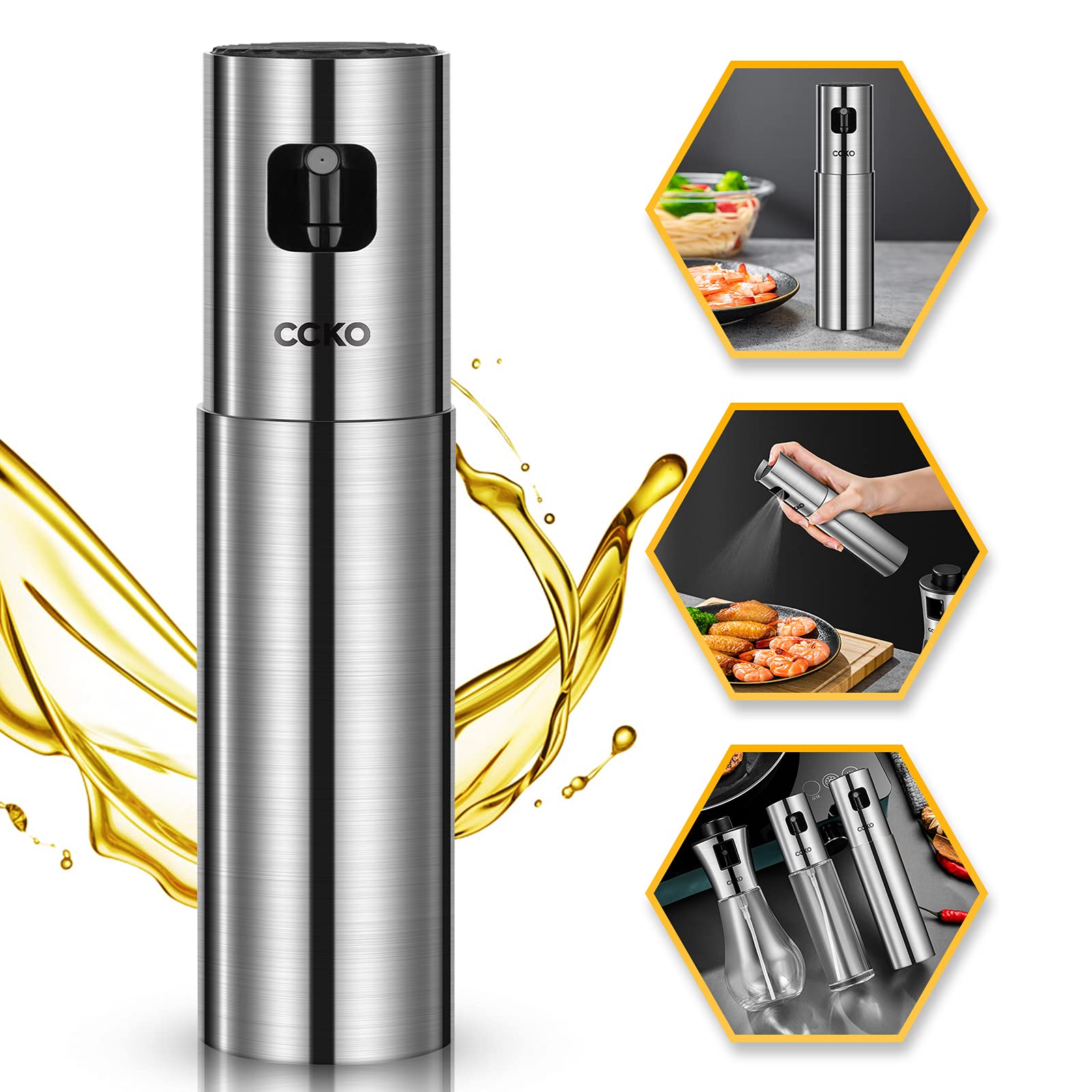 CCKO Oil Sprayer for Cooking Air Fryer Stainless Steel Olive Oil Sprayer Mister 100ML Portable Olive Oil Spray Bottle for BBQ,Salad, Kitchen Baking,Frying,Roasting,Grilling
