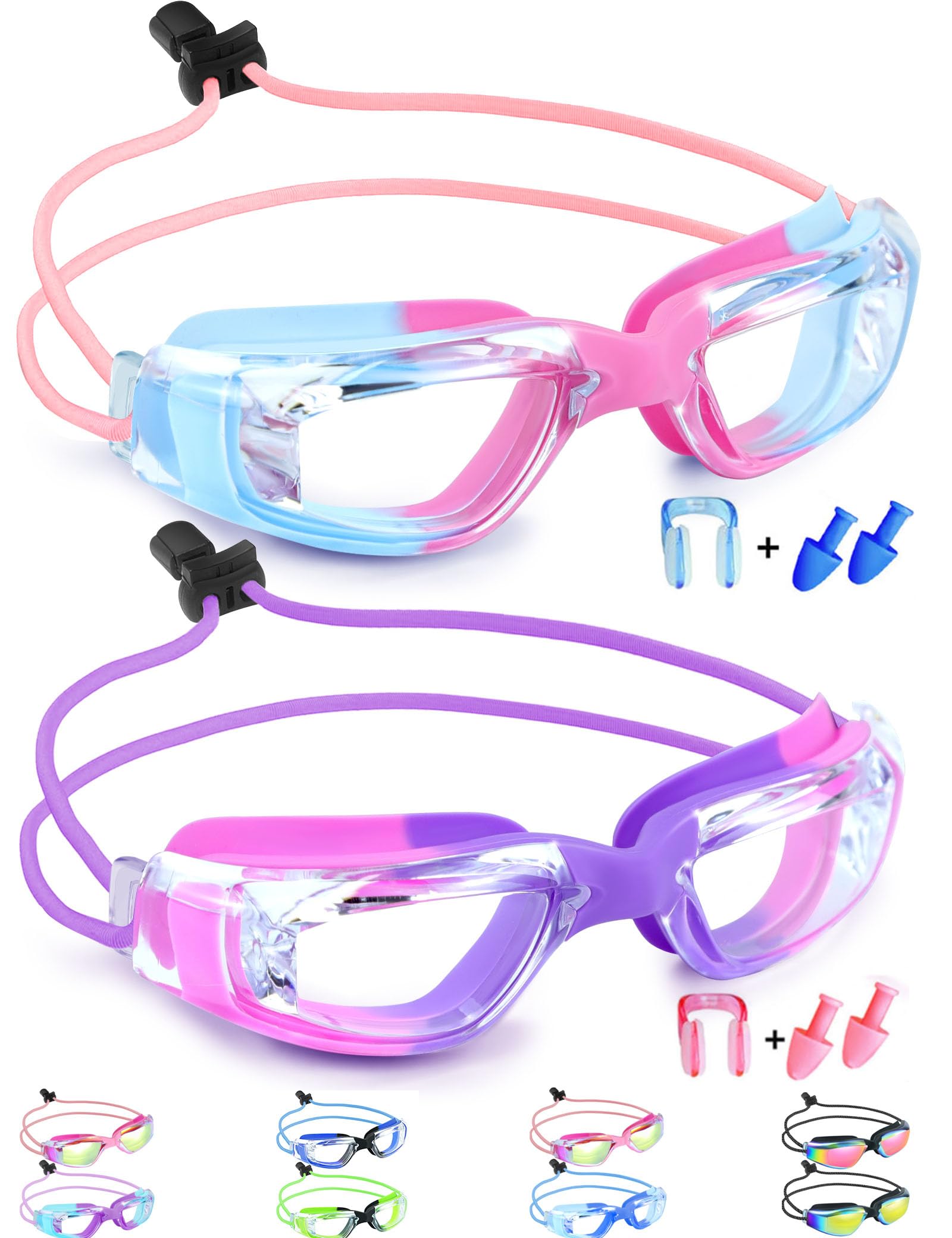 Photo 1 of Vvinca Goggles for Kids 6-14 with Bungee Strap 2pc, Toddler Goggles Kids Swim Goggles Kids Goggles for Swimming 8-12 Anti-Fog& Anti-UV, No-Leak No Hair Pulling for Girls Boy Pool Pink