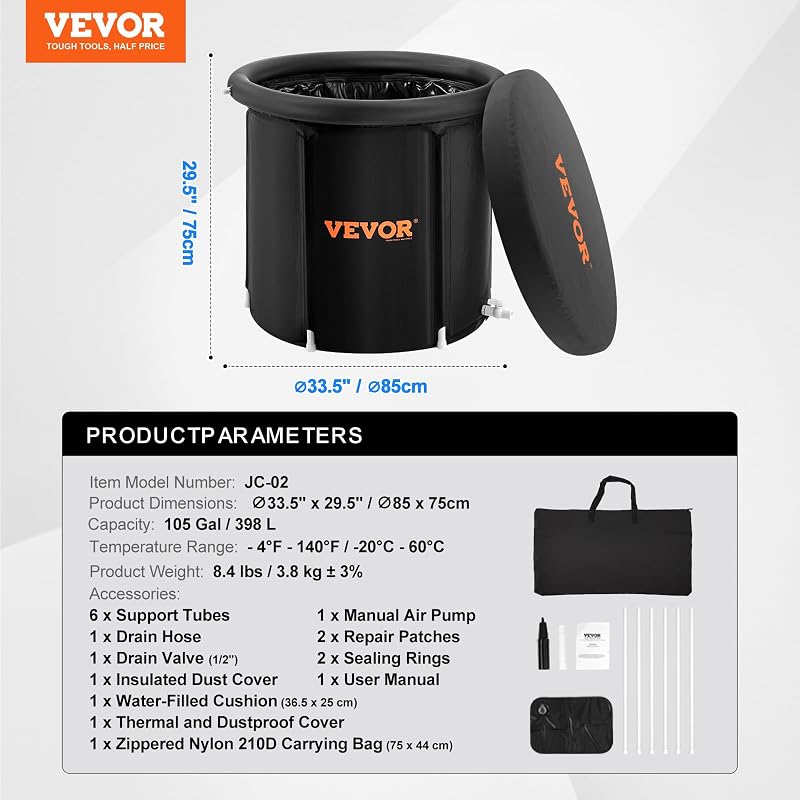 VEVOR 850 x 750 mm Banheira de Gelo para Terapia de Água Fria para Atletas, Piscina de Imersão Exterior Portátil com Barril de Gelo para Recuperação, 330 L com Cobertura, Preto — foto 7 de 8