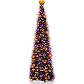 TURNMEON 5Ft Black Tinsel Halloween Tree with Lights Halloween Decorations | Pumpkin Ornament Pop Up Artificial Pencil Tree 50LED Orange Purple Lights Timer 8 Modes Halloween Decor Indoor Outdoor Party