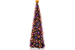 TURNMEON 5Ft Black Tinsel Halloween Tree with 50LED Orange Purple Lights Timer 8 Modes Pumpkin Ornament Pop Up Artificial Pencil Tree Halloween Decorations Home Party Indoor Outdoor
