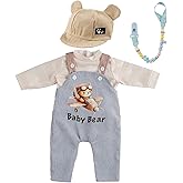 BABESIDE 4 Pcs Reborn Baby Doll Clothes Set for 17-22 Inch Babydolls, Cute Bear Doll Overalls Set with Hat and Dolls Pacifier Clip Chain for Realistic Baby Dolls, Blue