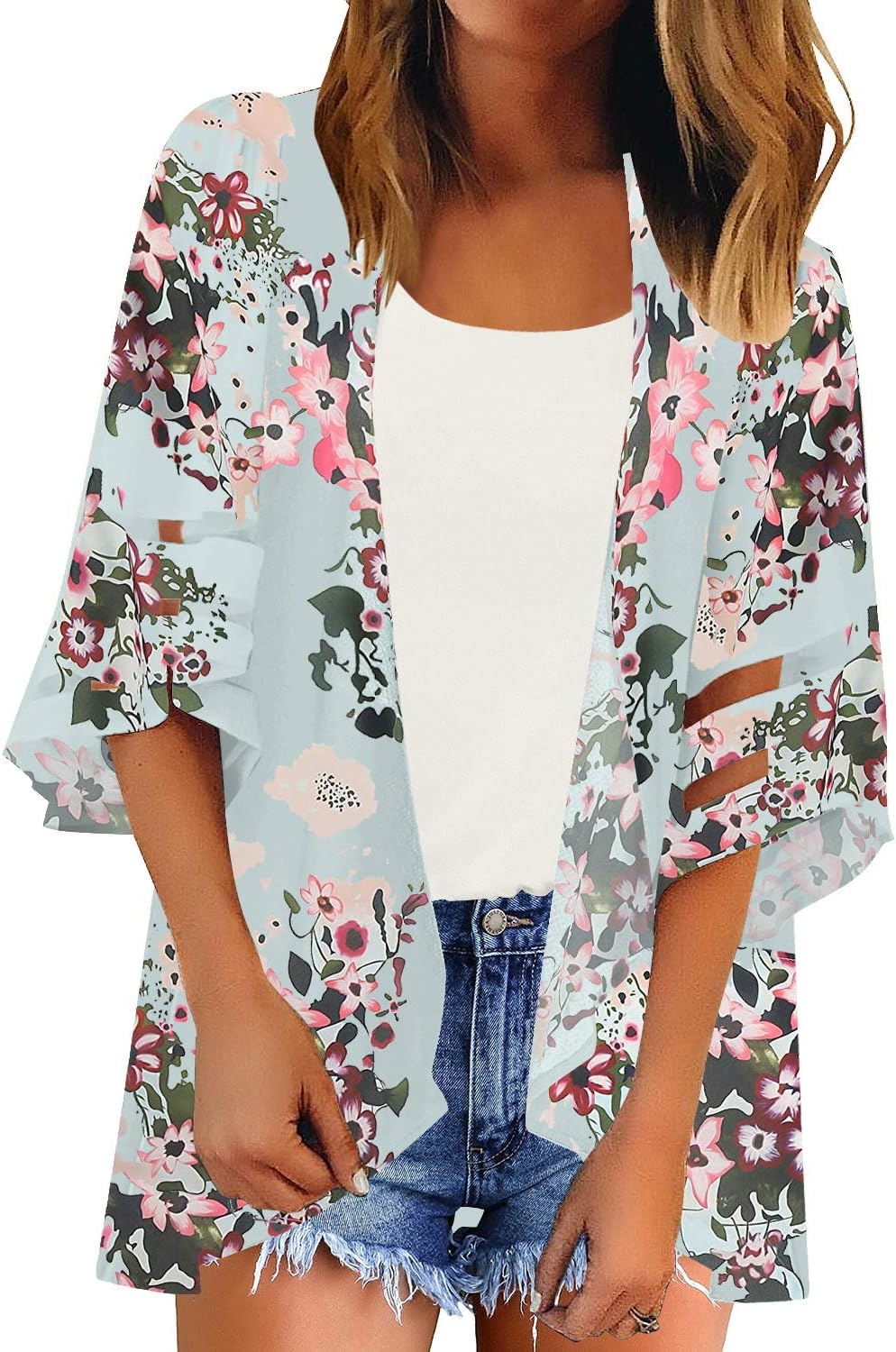 LookbookStore Women Open Front Loose Kimono Cardigan Mesh Bell Sleeve Beach Cover Up