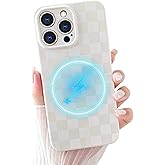 Yeddabox Compatible for iPhone 16 Pro Case with Magsafe Checkered Checkerboard Magnetic Phone Case Full Camera Protection Soft TPU Shockproof Cover for Women Girls - White