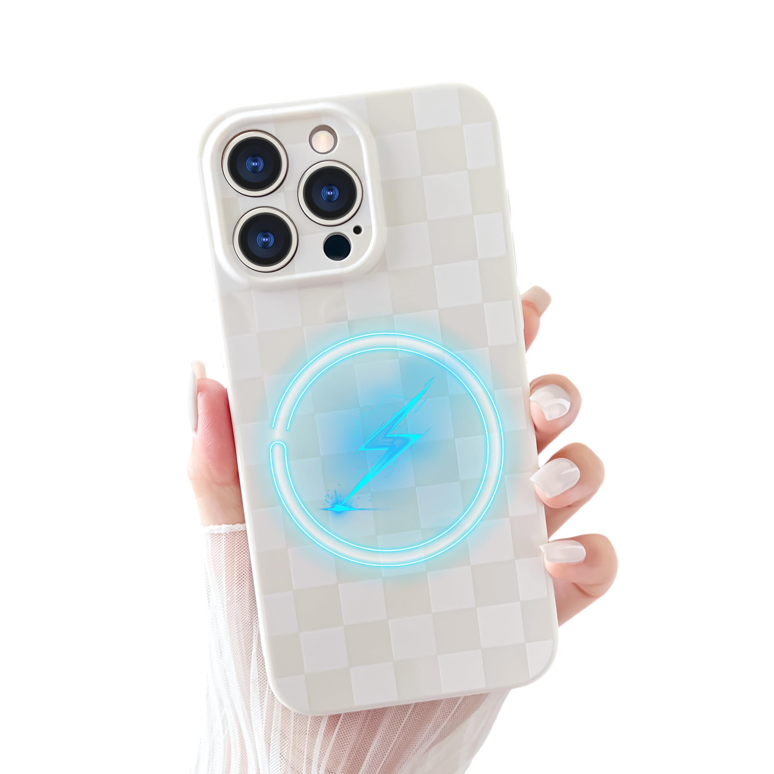 Yeddabox Compatible for iPhone 14 Pro Max Case with Magsafe Checkered Checkerboard Magnetic Phone Case Full Camera Protection Soft TPU Shockproof Cover for Women Girls - White