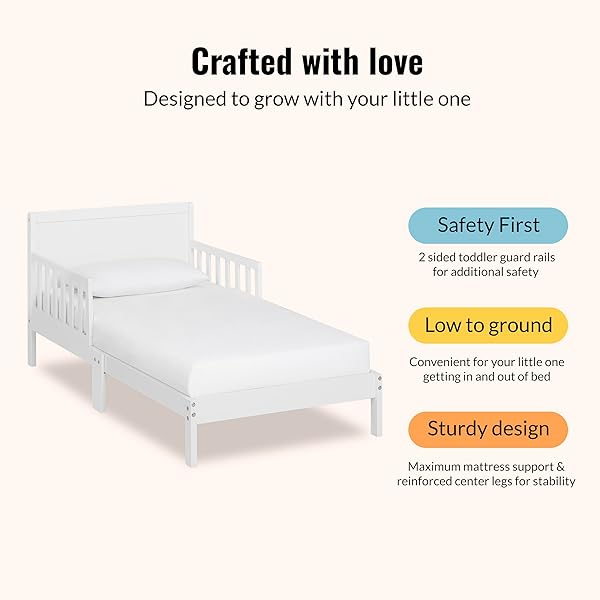 DREAM ON ME BROOKSIDE WOODEN TODDLER BED IN VINTAGE WHITE OAK, GREENGUARD GOLD & BSA CERTIFIED, KIDS BED WITH SAFETY RAILS, LOW-TO-FLOOR DESIGN, NON-TOXIC PINEWOOD FINISH