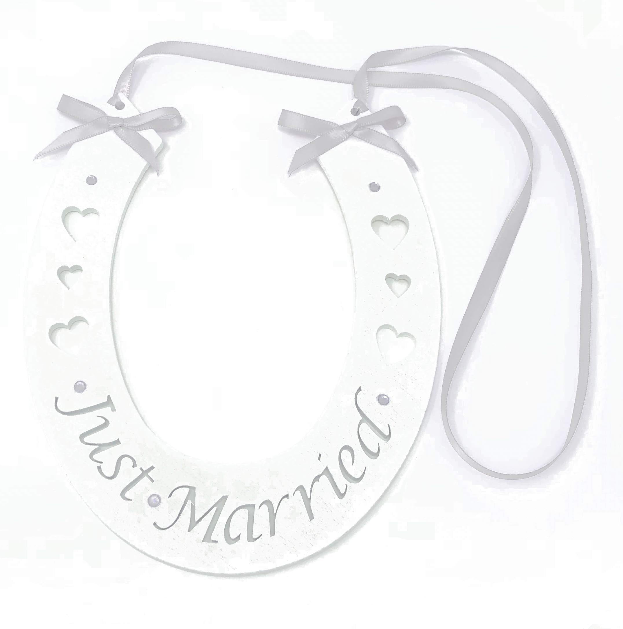 Just Married White Wedding Handmade Lucky Horseshoe Hanging Wooden Accessory with Silver Decoration