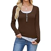 Quatrefox Y2k Shirt Women Long Sleeve Button Lace Patchwork Tshirt Tops Slim Fit Scoop Neck Henley Fall Tee