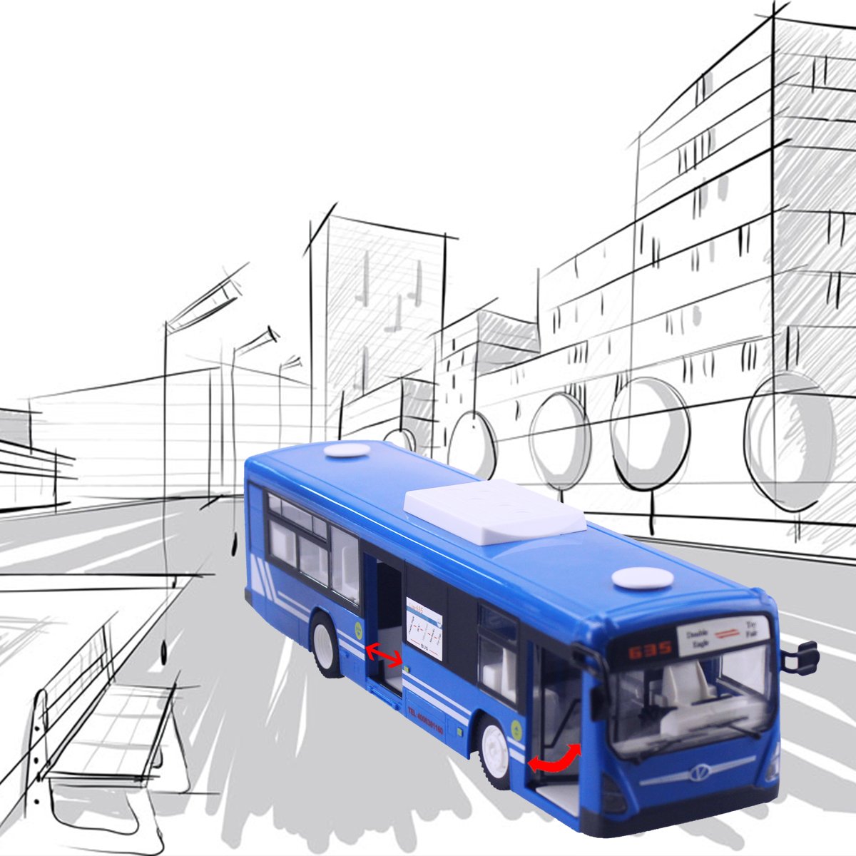 Hugine 2.4G RC Bus With Opening Doors And Realistic Sounds 6 Channel Remote Control City Bus Express Bus School Bus Rechargeable Toy For Kids (Blue)