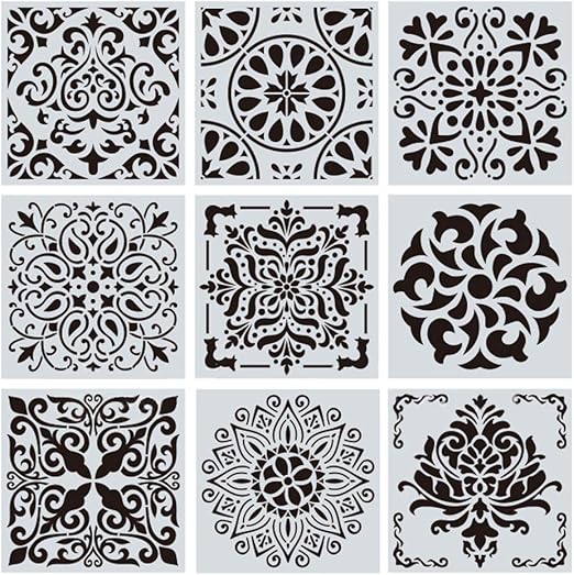 Bettli Floor Painting Stencils Premium Quality Reusable Mandala Pattern Set Of 9 6x6 Inch For Wood Floor Tiles Fabric Template White