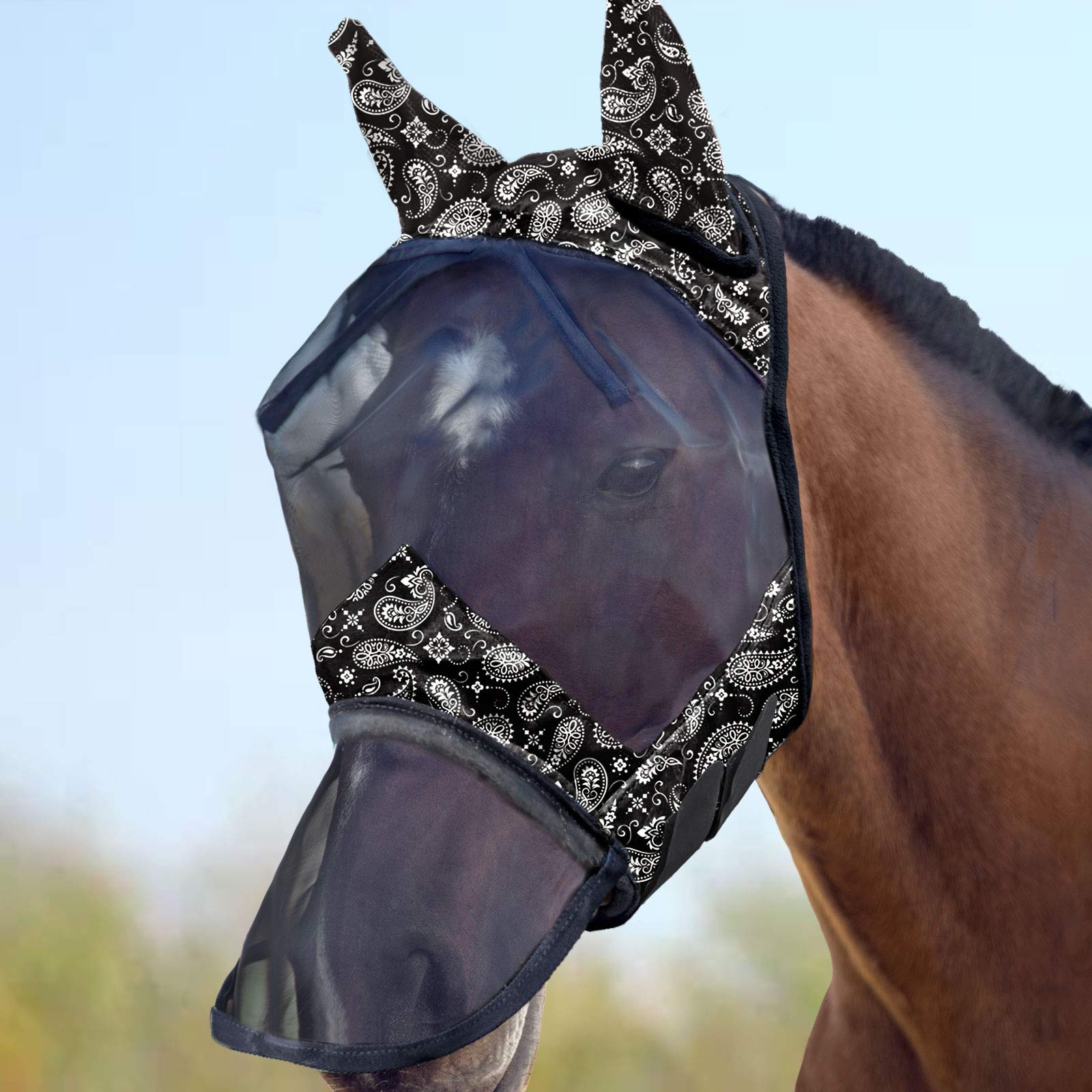 Harrison Howard LumiVista Horse Fly Mask Long Nose with Ears UV Protection for Horse-Paisley Wave Extra Full