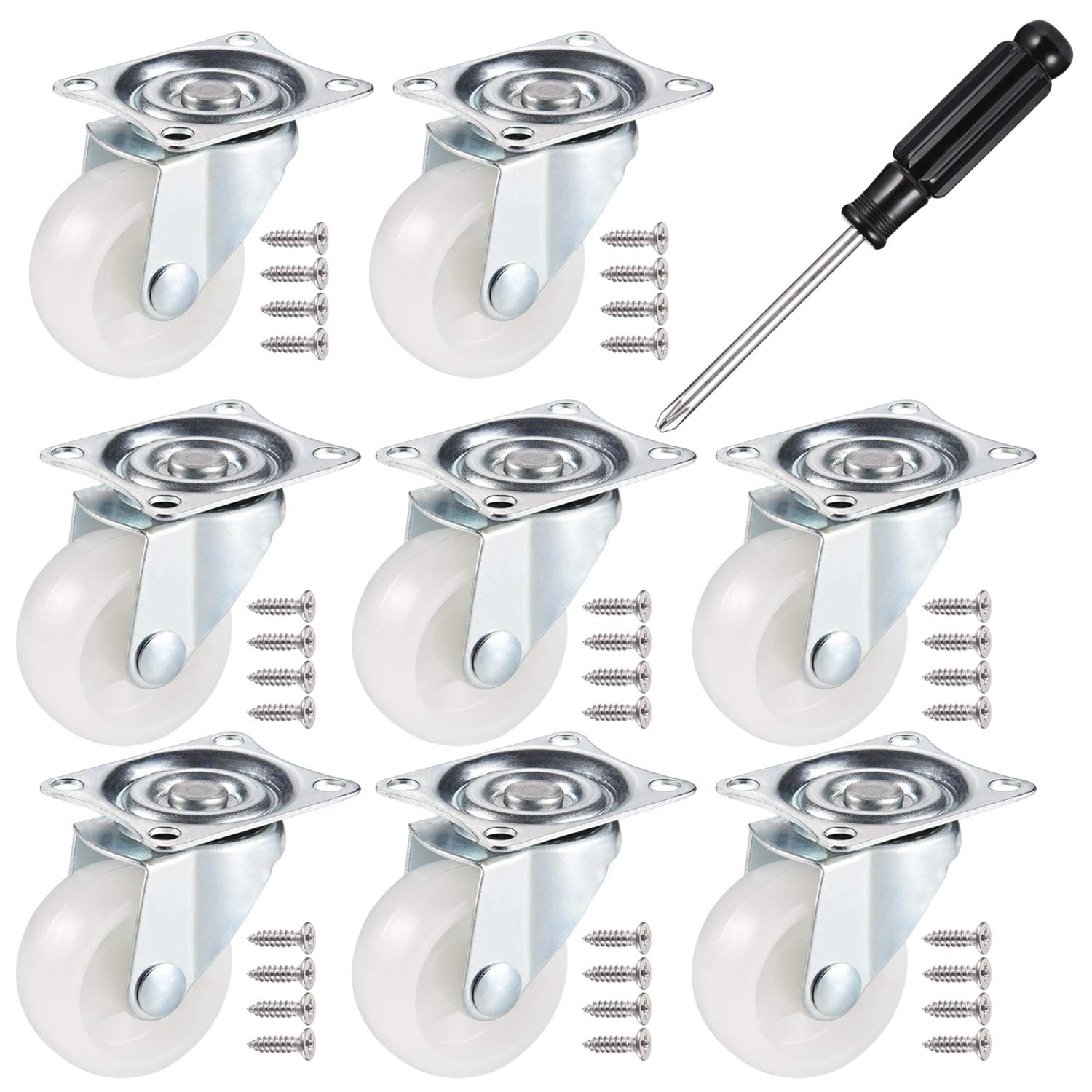 JIZZU 8Pcs Swivel Castor Wheels, 40mm PU Rubber Heavy Duty Caster Wheels for Furniture, Trolley Wheel with Double Ball Bearings Swivel Head, Equipped with 32 Screws & 1 Screwdriver