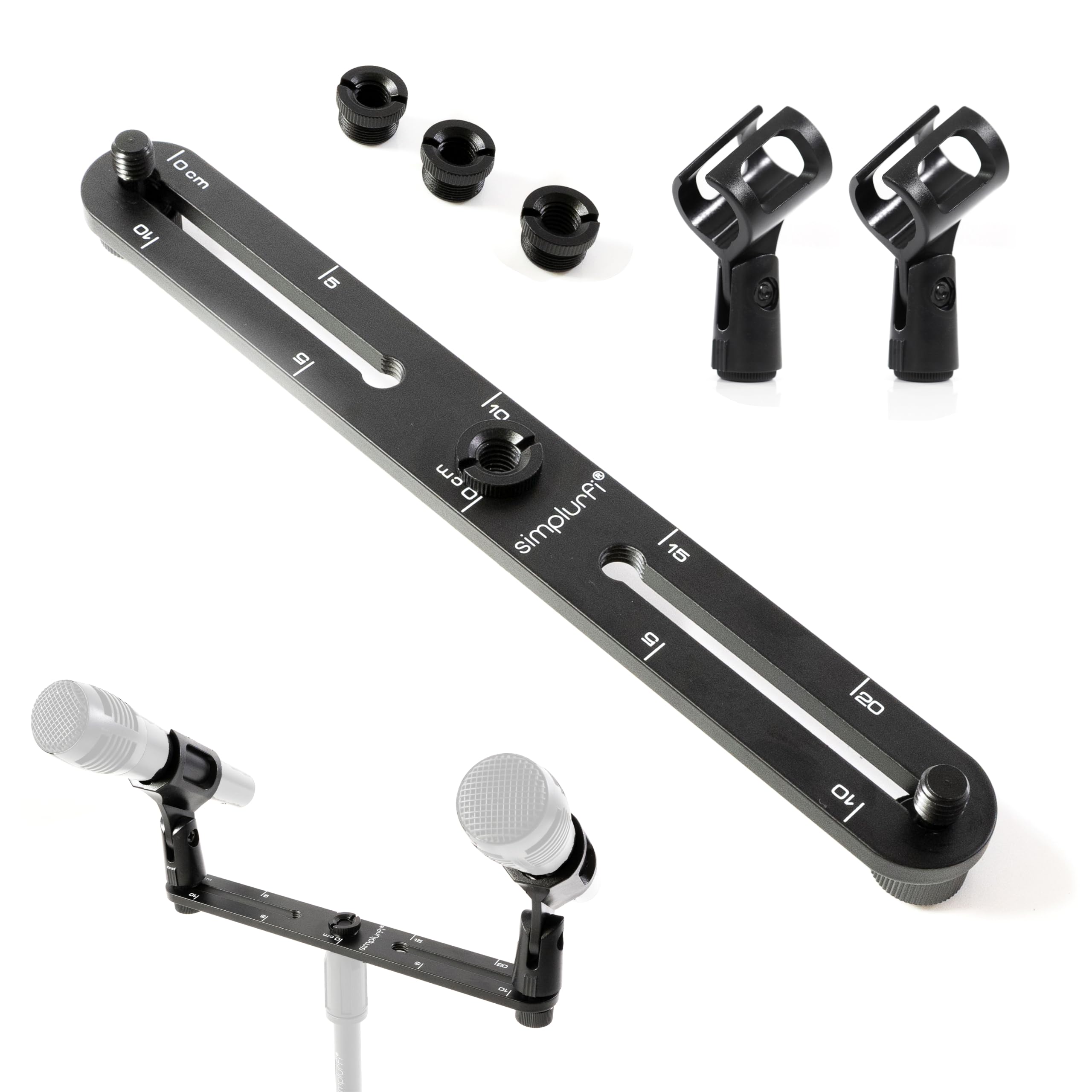 Simplurfi Stereo Array Spacing Bar Microphone Mount with Ruled Markings - Holds 2 Mics - X-Y and ORTF Mic T-Bar Bracket, Fits 3/8" and 5/8" Mic Stands with Included Adapter (MIC-BAR-Clip-Mark)