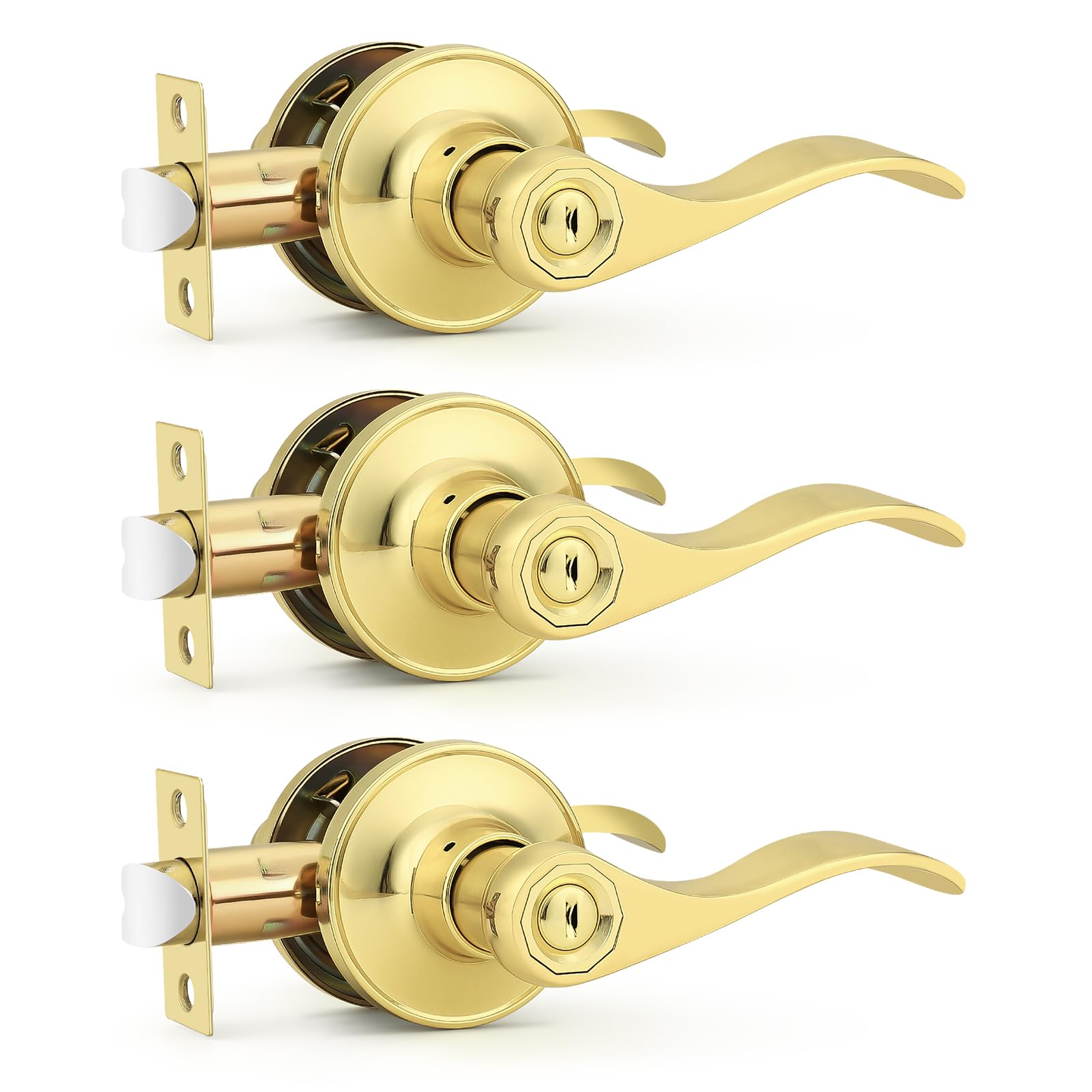 Probrico Door Handles Interior Polished Brass Privacy Door Handle Lock, Bedroom Bathroom Wave Door Lever, 3 Pack Image