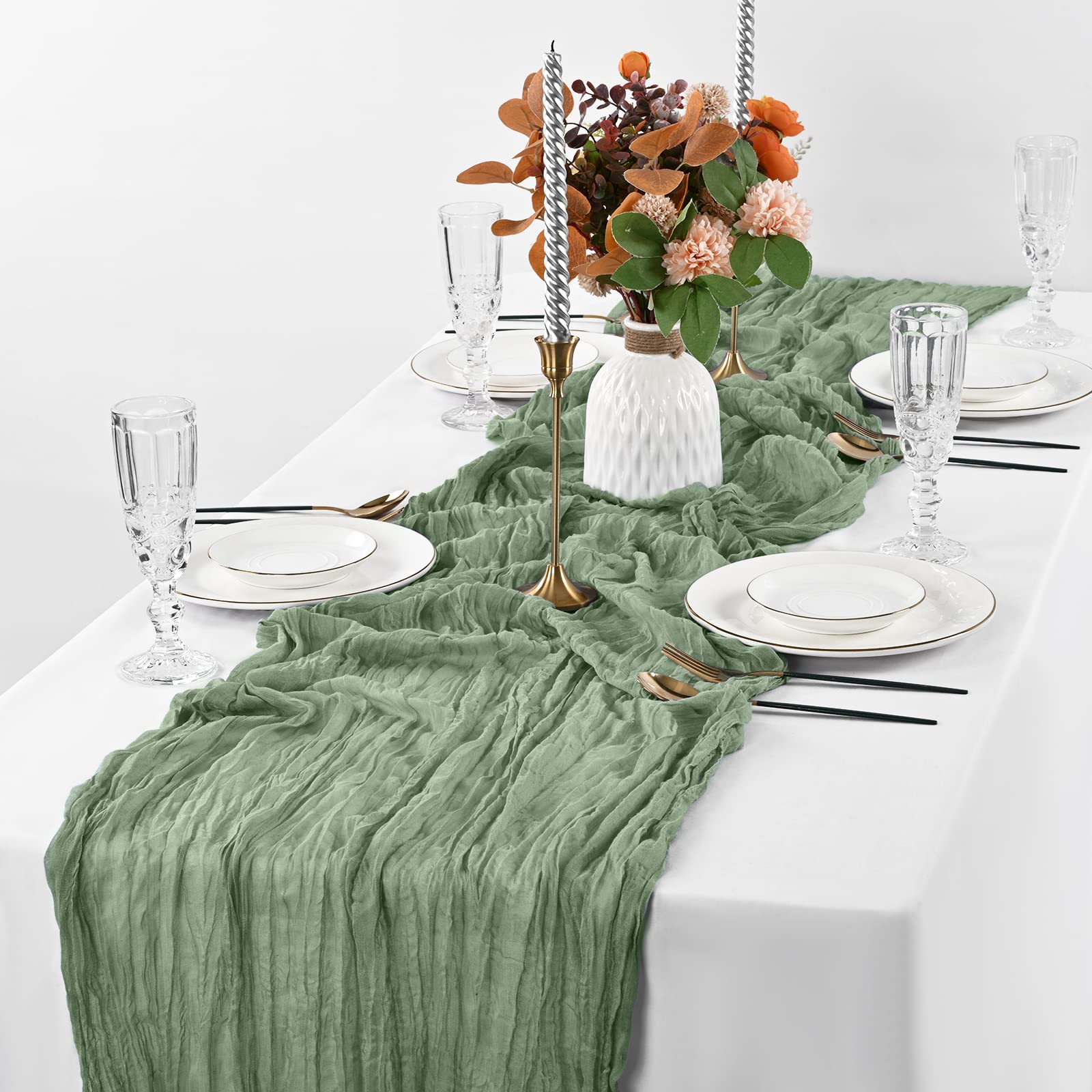 Pesonlook 2 Pack Sage Green Cheesecloth Table Runner, 10FT Boho Gauze Table Runner 35x120 Inch for Wedding Bridal Baby Shower Birthday Party Decorations