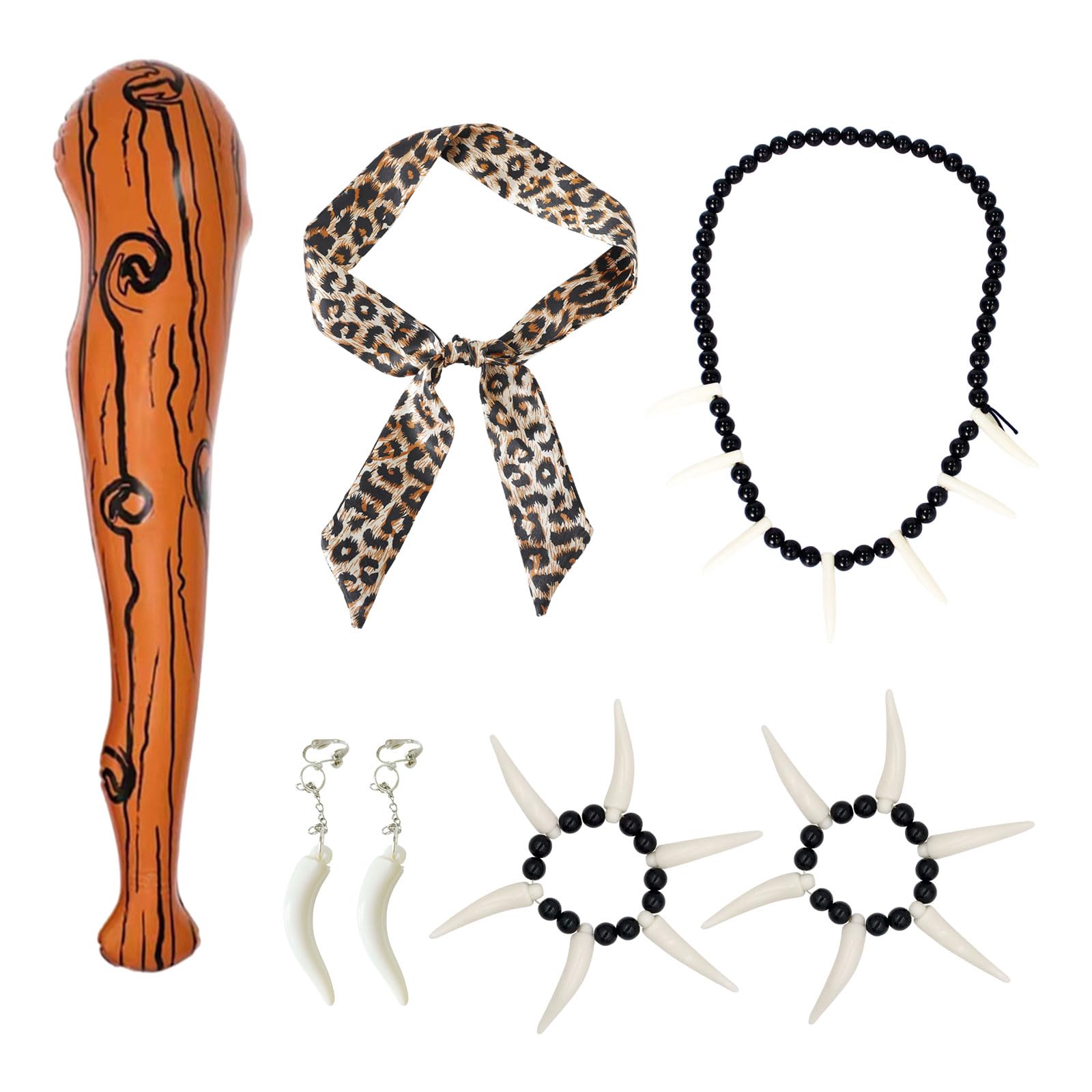 FUIPVGI 6 Pieces Wild Caveman Costumes Inflatable Wooden Stick Ivory Necklace Bracelet Leopard Headband Earrings Cave Costume accessories for Stone age Halloween Costumes(6pcs)