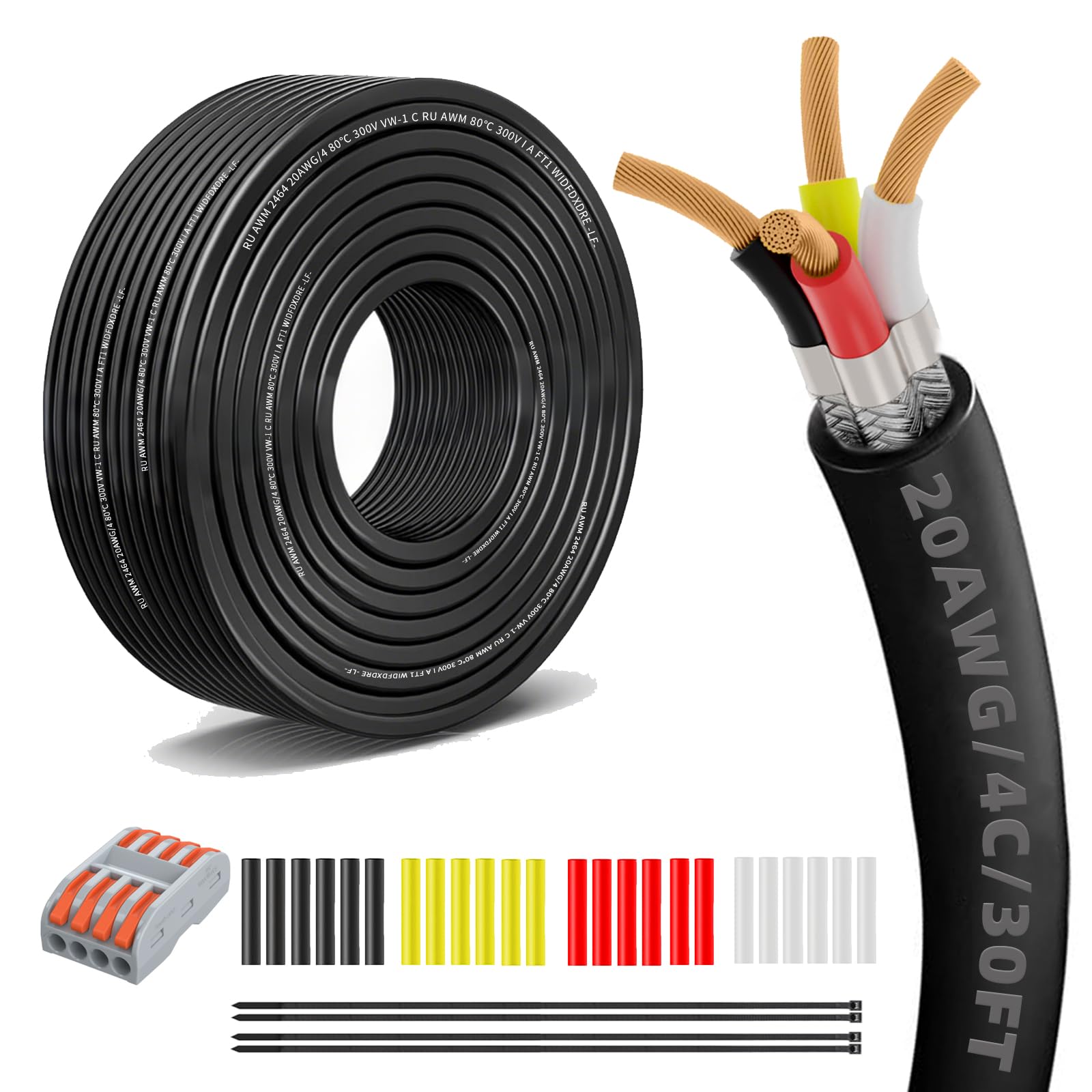 Photo 1 of 20 Gauge 100% Pure Copper 4 Conductor Flexible Shielded Wire 30FT, UL2464 20AWG 4 Core EMI/RFI Shielding Shielded Cable for Automotive, 3D Printer,CNC VFD Spindle, Stepper Motor, Sound, Speaker