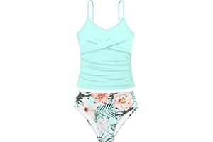Aulyffo Girls Swimsuit 2 Piece Bathing Suit Criss Cross Ruched Girl Tankini Sets Printed Girls' Swimwear for 9-18 Years