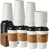 Jingmore 24 Sets 16oz Inspirational Christian Bible Verse Coffee Cups with Lids and Sleeves Religious Christian Paper Hot Coffee Cups for Church Religion Party Favor Sunday School Church Baptism