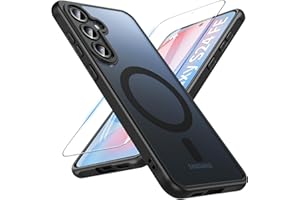 OWKEY for Samsung Galaxy S24 FE Case 6.7'', Magnetic Galaxy S24 FE Case for Magsafe with Tempered Screen Protector [Shockproof Military] Translucent Matte Bumper Phone Cover Samsung S24 FE 5G, Black