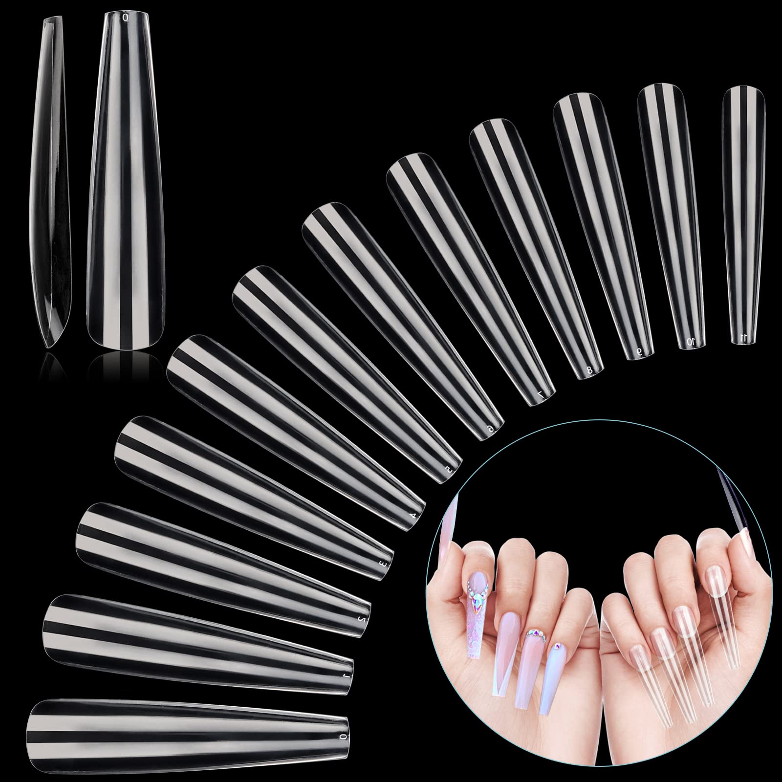 LIONVISON 3XL Extra Long Coffin False Nails, 240Pcs Clear Ballerina French Nail Tips for Acrylic Nails, 12 Sizes Full Cover Nail Extension Kits Press On Nails for Manicure Salon DIY Nail Art