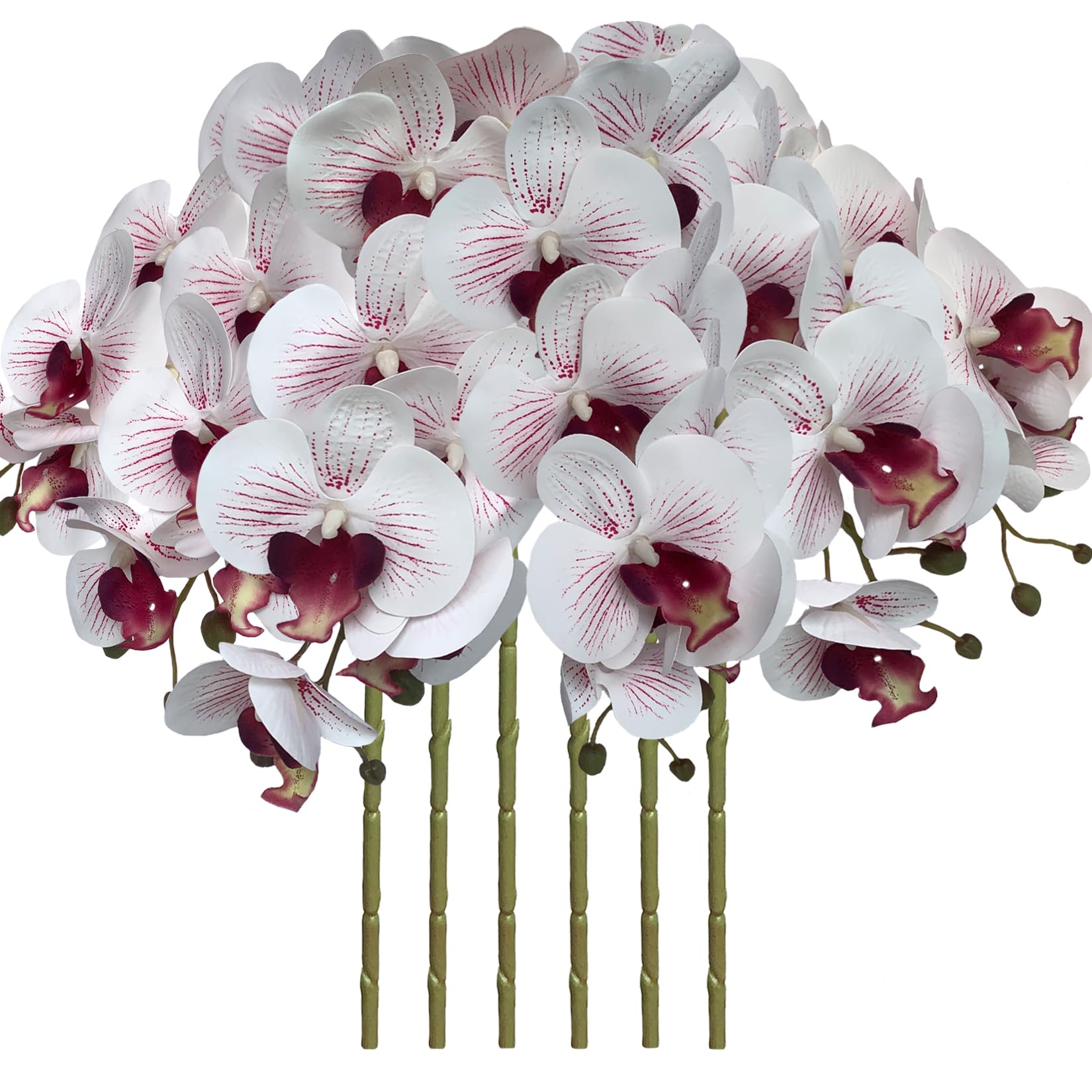 FagusHome 32 Inch Artificial Phalaenopsis Flowers 6 Pcs Artificial Orchid Flowers Stem Plants for Home Décor (White and Purpleline)