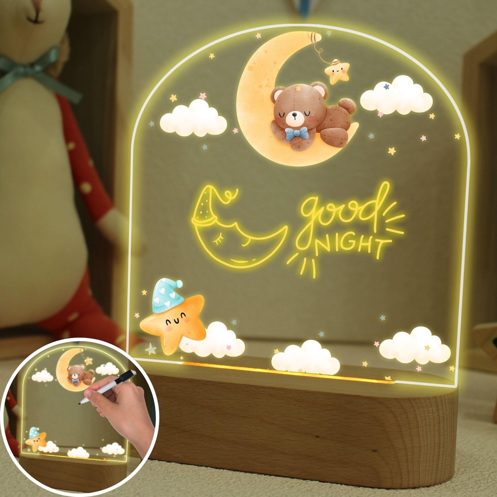 uniqicon Toddler Night Light, Personalised Mood Lamp with Writing Board, Cute Bear Feeding Night Light, DIY Gifts for Newborn Baby