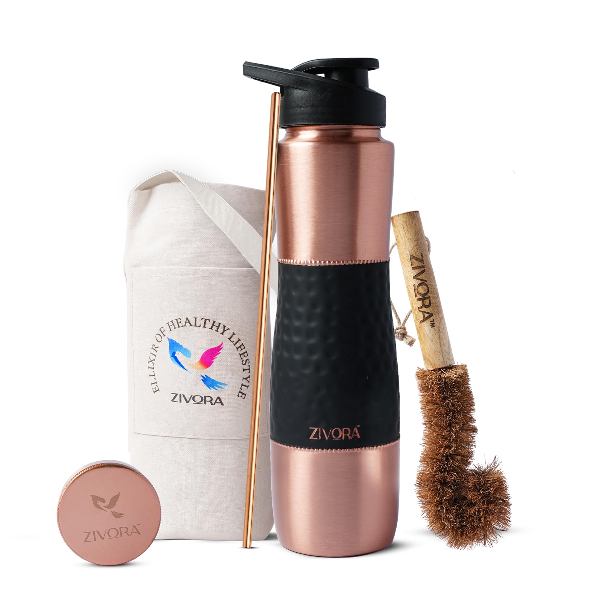 Photo 1 of **UNTESTED**
ZIVORA Copper Water Bottle - 34oz Pure Water Bottle for Drinking with Dual Cap, Copper Straw, Canvas Bag & Cleaning Brush - Handcrafted, Lab-Tested, Specially Design for Outdoor Activities