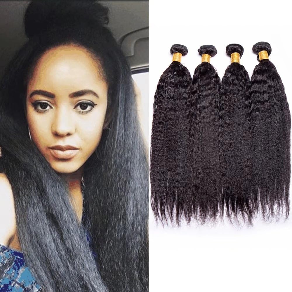 Maxine 9A Kinky Straight Hair 3 Bundles Yaki Human Hair Weave Unprocessed Malaysian Remy Hair Extensions Natural Black (20 22 24)