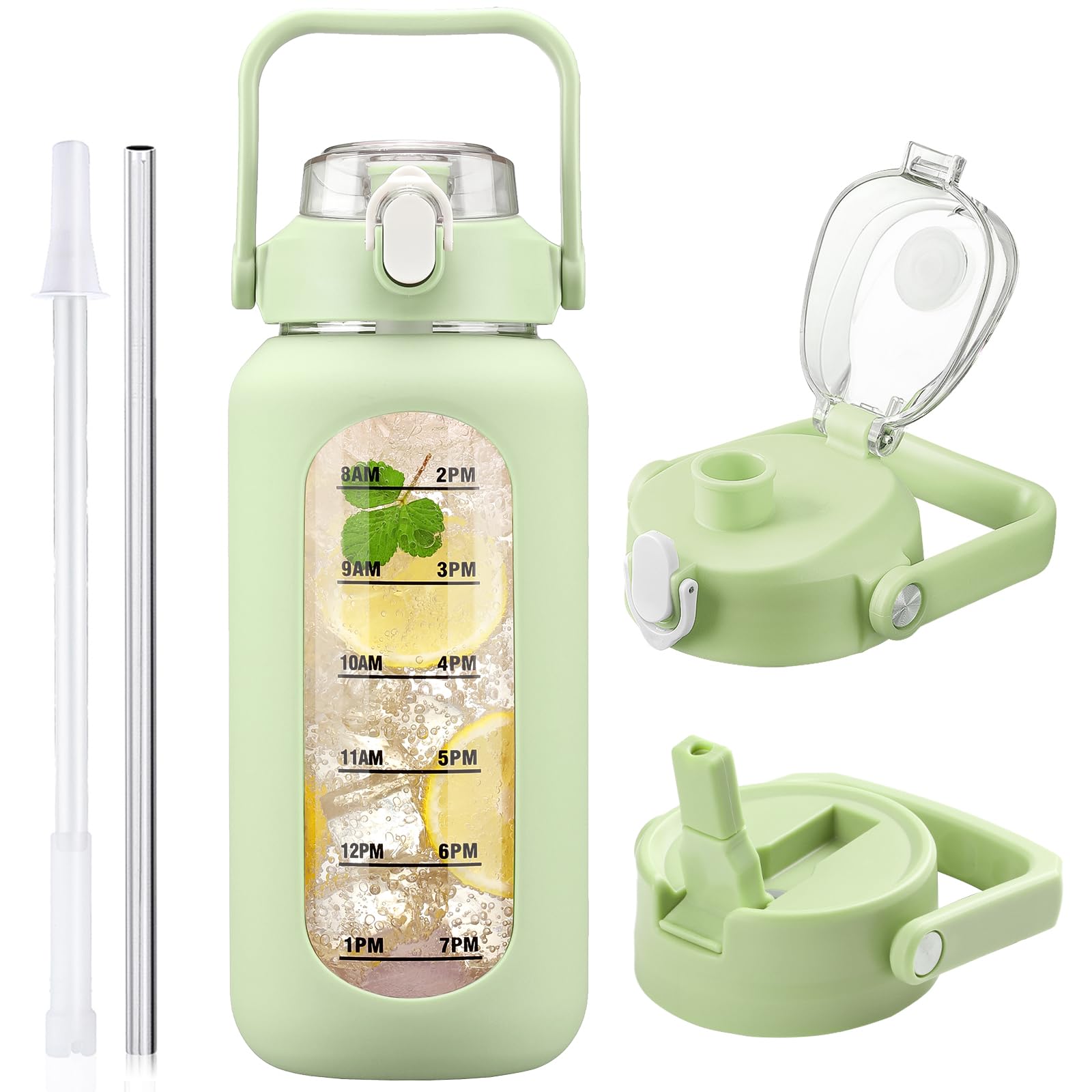 HYDRAGLAZIC 2L Glass Water Bottle with 2 Lids Flip and Chug Lids 2 Liter Large Water Jug with Time Marker and Silicone Sleeve BPA Free Leak-proof for Sports Gym, Light Green