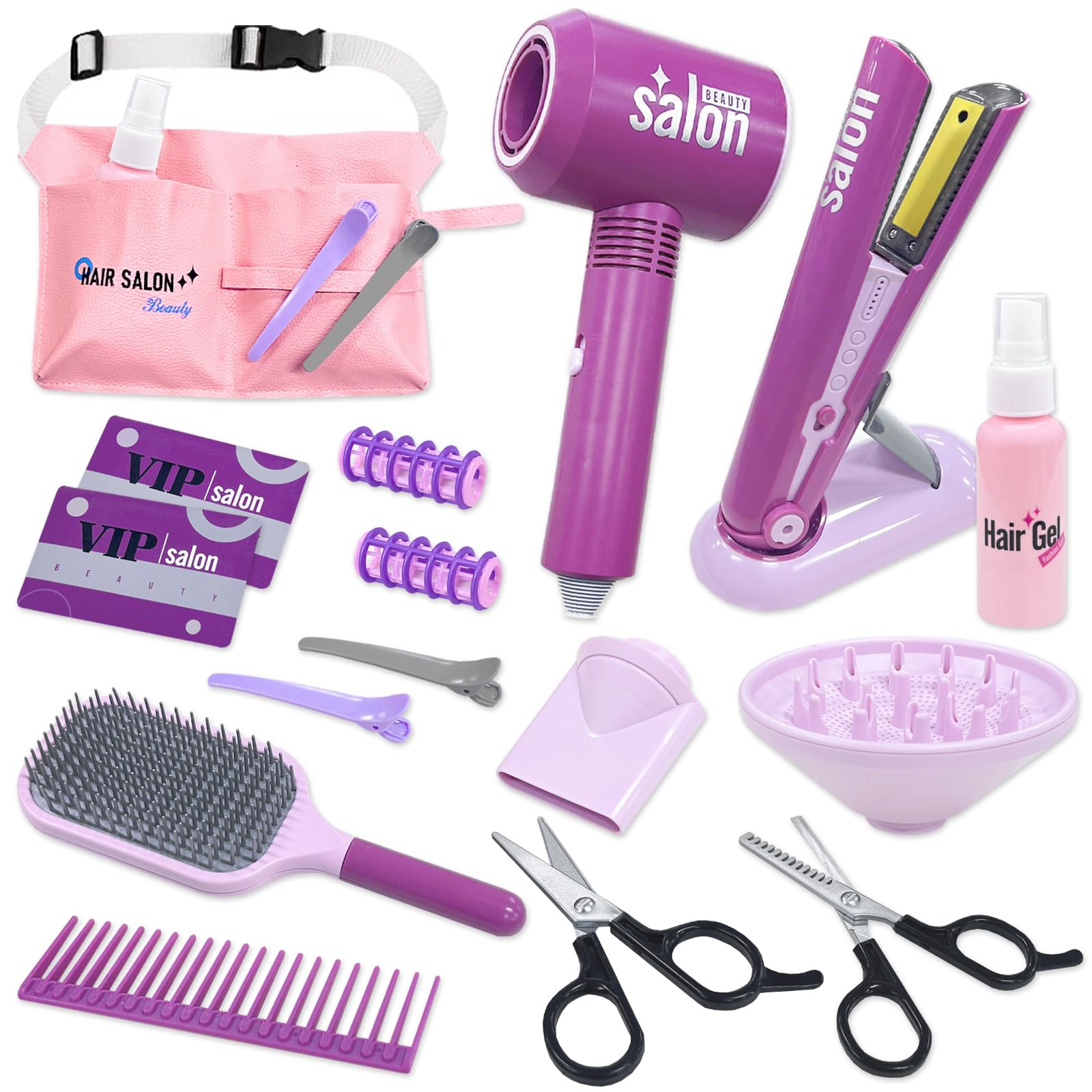 VBACALA Pretend Play, Hairdresser Toy, Hair Salon, Hair Salon, Narikiri, Shop Set, Dryer, Hair Iron, Scissor Bag, Comb, Makeup Tool, 17 Pieces, Hairdresser, Pretend Play, Christmas Gift, Toy Murasaki