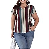SOLY HUX Plus Size Blouses for Women Color Block Striped Short Sleeve Shirts Notched V Neck Summer Tops
