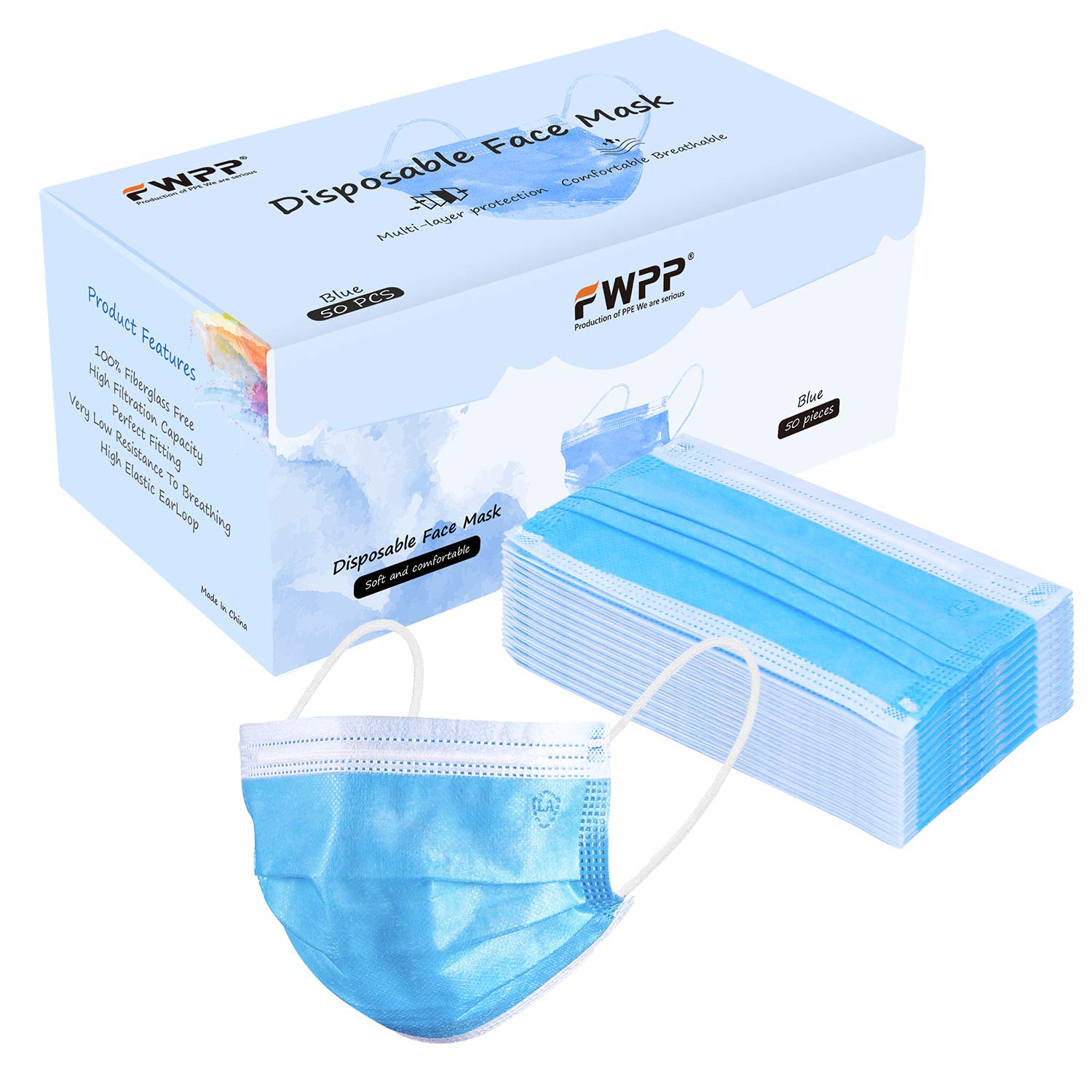 FWPP 4 Layer Thicker Earloop Disposable Face Masks 50 pcs Sky Blue