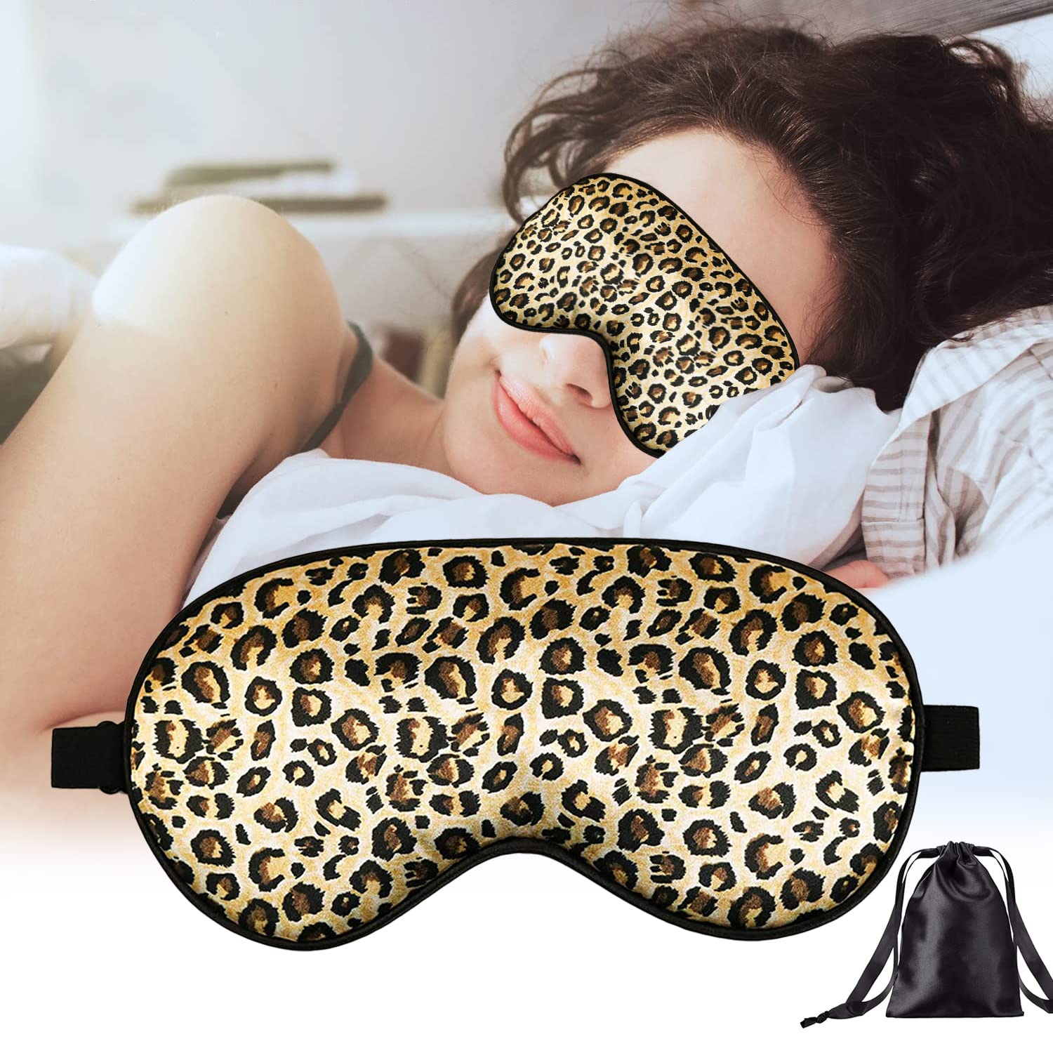 Natural Mulberry Silk Eye Mask,Leopard Silk Sleep Mask 100% Pure Silk Soft Skin-Friendly Block Out Light Sleeping Eye Mask with Adjustable Strap for Women