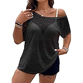Hilinker Women's Plus Size Sheer Mesh Short Sleeve Top Sexy See Through T Shirt Off Shoulder Blouse Loose Fit