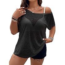Hilinker Womens Plus Size Sexy Sheer Mesh Top Off Shoulder
